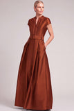 Dark Green A-Line V-Nec Long Mother of the Bride Dress with Belt