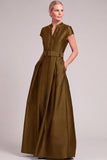 Dark Green A-Line V-Nec Long Mother of the Bride Dress with Belt