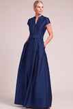 Dark Green A-Line V-Nec Long Mother of the Bride Dress with Belt