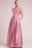 Dark Green A-Line V-Nec Long Mother of the Bride Dress with Belt