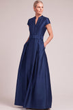 Dark Green A-Line V-Nec Long Mother of the Bride Dress with Belt