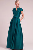 Dark Green A-Line V-Nec Long Mother of the Bride Dress with Belt