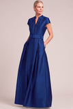 Dark Green A-Line V-Nec Long Mother of the Bride Dress with Belt