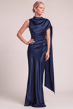 Navy Satin Sheath High Neck Ruched Long Formal Dress with Cape