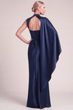 Navy Satin Sheath High Neck Ruched Long Formal Dress with Cape