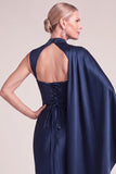 Navy Satin Sheath High Neck Ruched Long Formal Dress with Cape