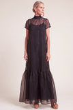 Navy A-Line Ruffled High Neck Long Mother of the Bride Dress with Bow