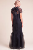 Navy A-Line Ruffled High Neck Long Mother of the Bride Dress with Bow
