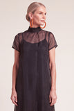 Navy A-Line Ruffled High Neck Long Mother of the Bride Dress with Bow