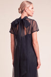Navy A-Line Ruffled High Neck Long Mother of the Bride Dress with Bow