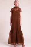 Navy A-Line Ruffled High Neck Long Mother of the Bride Dress with Bow