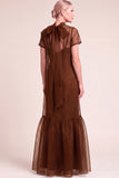 Navy A-Line Ruffled High Neck Long Mother of the Bride Dress with Bow