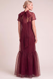 Navy A-Line Ruffled High Neck Long Mother of the Bride Dress with Bow