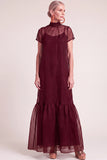 Navy A-Line Ruffled High Neck Long Mother of the Bride Dress with Bow