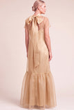 Navy A-Line Ruffled High Neck Long Mother of the Bride Dress with Bow