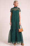 Navy A-Line Ruffled High Neck Long Mother of the Bride Dress with Bow
