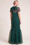 Navy A-Line Ruffled High Neck Long Mother of the Bride Dress with Bow
