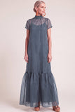 Navy A-Line Ruffled High Neck Long Mother of the Bride Dress with Bow