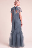 Navy A-Line Ruffled High Neck Long Mother of the Bride Dress with Bow