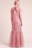Navy A-Line Ruffled High Neck Long Mother of the Bride Dress with Bow
