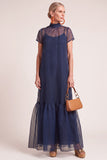 Navy A-Line Ruffled High Neck Long Mother of the Bride Dress with Bow