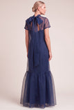Navy A-Line Ruffled High Neck Long Mother of the Bride Dress with Bow