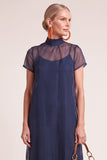 Navy A-Line Ruffled High Neck Long Mother of the Bride Dress with Bow