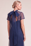 Navy A-Line Ruffled High Neck Long Mother of the Bride Dress with Bow