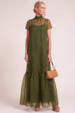 Navy A-Line Ruffled High Neck Long Mother of the Bride Dress with Bow
