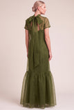 Navy A-Line Ruffled High Neck Long Mother of the Bride Dress with Bow