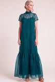 Navy A-Line Ruffled High Neck Long Mother of the Bride Dress with Bow