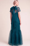 Navy A-Line Ruffled High Neck Long Mother of the Bride Dress with Bow