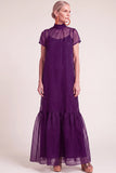Navy A-Line Ruffled High Neck Long Mother of the Bride Dress with Bow