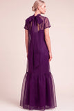Navy A-Line Ruffled High Neck Long Mother of the Bride Dress with Bow