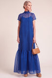 Navy A-Line Ruffled High Neck Long Mother of the Bride Dress with Bow