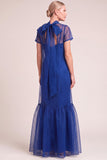 Navy A-Line Ruffled High Neck Long Mother of the Bride Dress with Bow