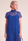 Navy A-Line Ruffled High Neck Long Mother of the Bride Dress with Bow