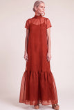 Navy A-Line Ruffled High Neck Long Mother of the Bride Dress with Bow