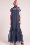 Navy A-Line Ruffled High Neck Long Mother of the Bride Dress with Bow