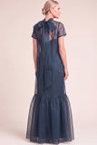Navy A-Line Ruffled High Neck Long Mother of the Bride Dress with Bow