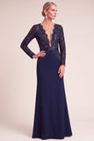 Navy Mermaid V-Neck Long Sleeves Mother of the Bride Dress with Lace