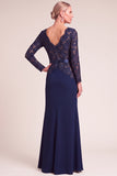 Navy Mermaid V-Neck Long Sleeves Mother of the Bride Dress with Lace