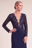 Navy Mermaid V-Neck Long Sleeves Mother of the Bride Dress with Lace