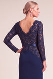 Navy Mermaid V-Neck Long Sleeves Mother of the Bride Dress with Lace