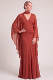 Rust Mermaid V-Neck Ruched Maxi Formal Dress with Neck Scarf