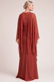 Rust Mermaid V-Neck Ruched Maxi Formal Dress with Neck Scarf
