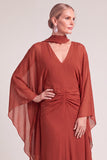 Rust Mermaid V-Neck Ruched Maxi Formal Dress with Neck Scarf