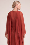 Rust Mermaid V-Neck Ruched Maxi Formal Dress with Neck Scarf