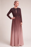 Dark Red A-Line Round Neck Pleated Long Mother of the Bride Dress with Belt