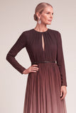 Dark Red A-Line Round Neck Pleated Long Mother of the Bride Dress with Belt
